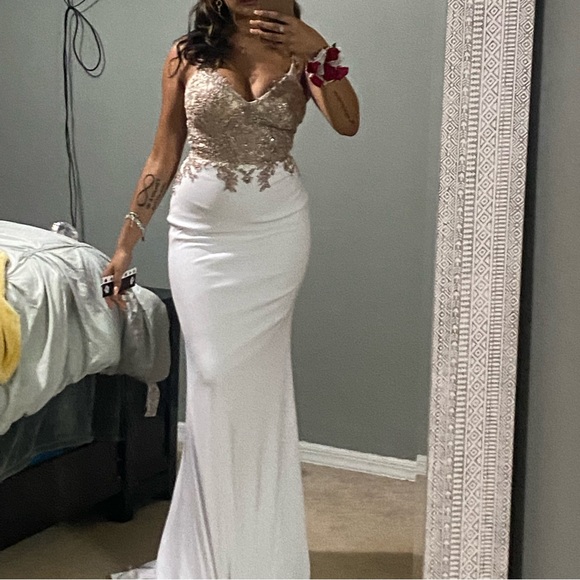 white and gold halter prom dress AMARRA 89179 main image 1
